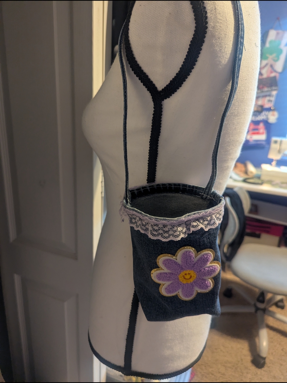 Denim Crossbody Bag with Purple Flower Patch and Lace Trim